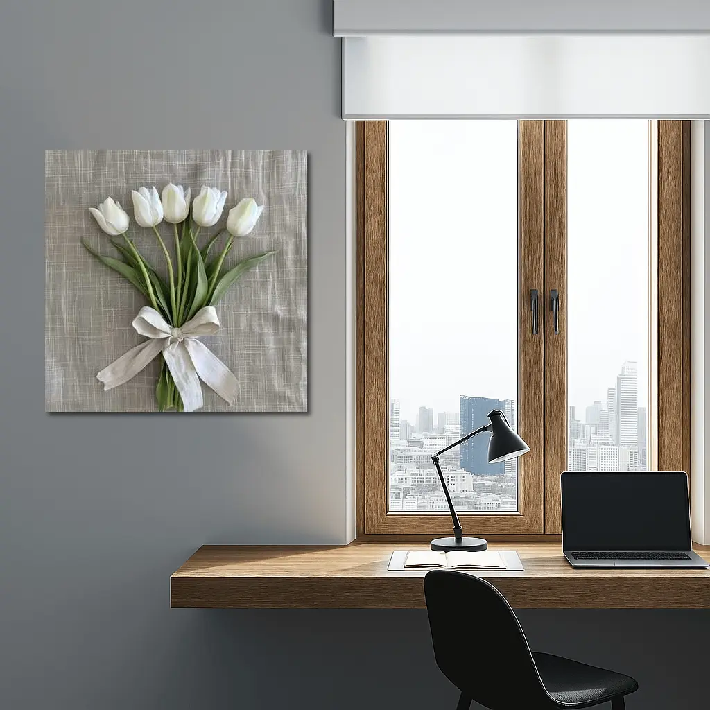 White Tulips Bouquet Tied With Linen Ribbon – Wall Art