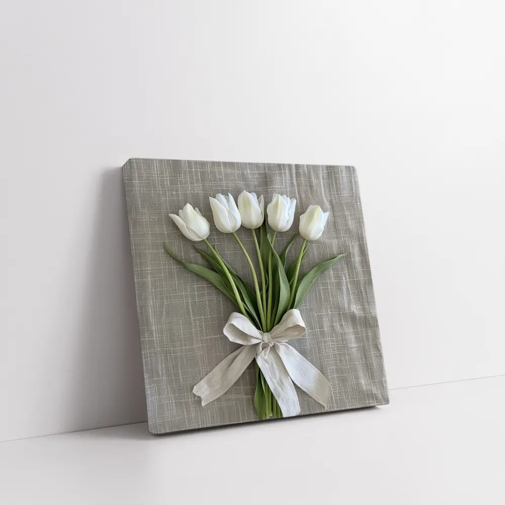 White Tulips Bouquet Tied With Linen Ribbon – Wall Art