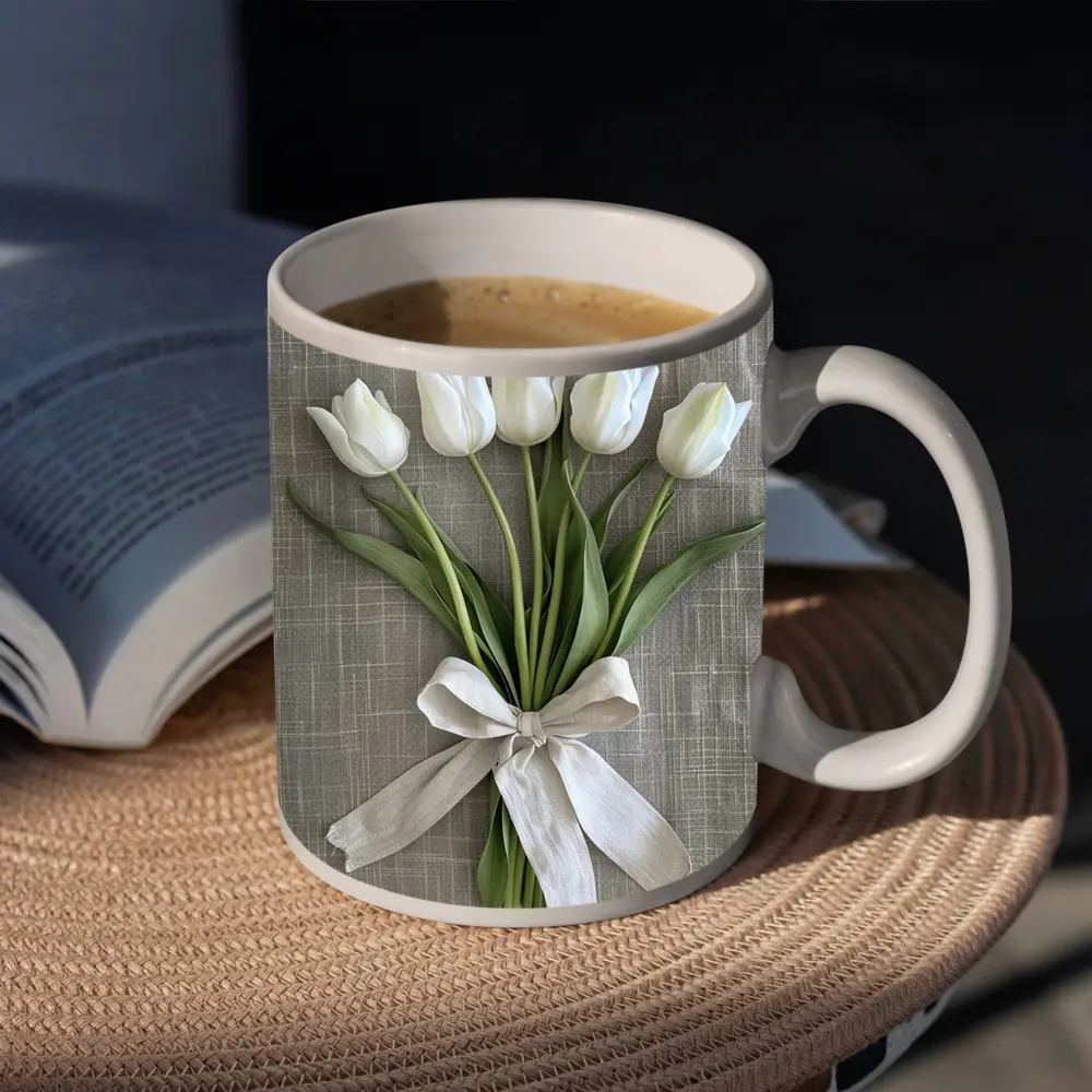 White Tulips Bouquet Tied With Linen Ribbon – Mugs