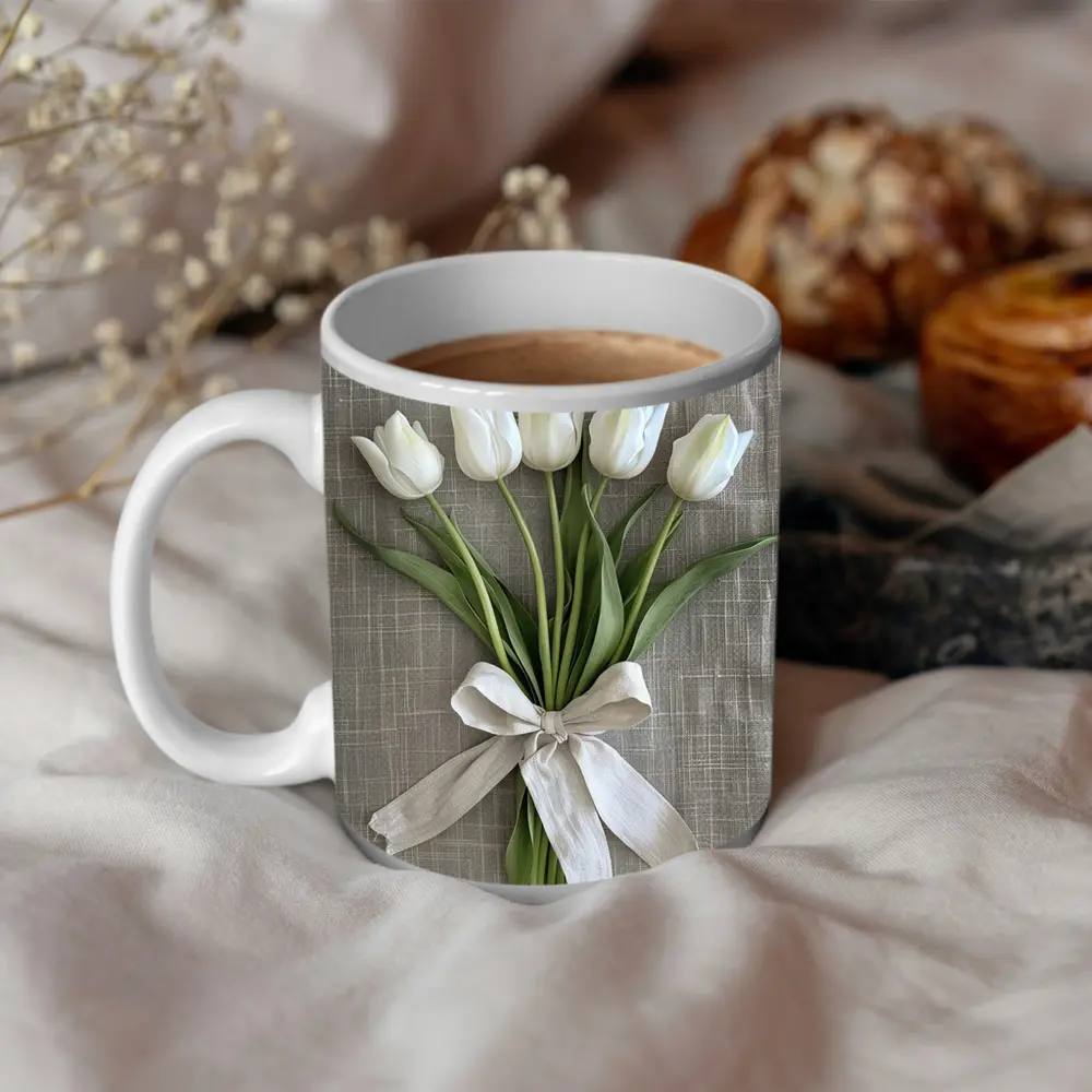 White Tulips Bouquet Tied With Linen Ribbon – Mugs
