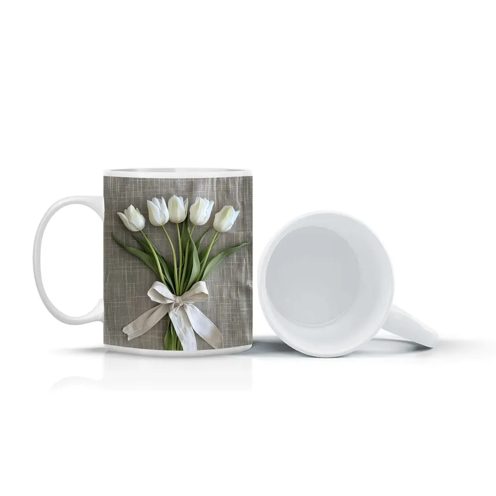 White Tulips Bouquet Tied With Linen Ribbon – Mugs