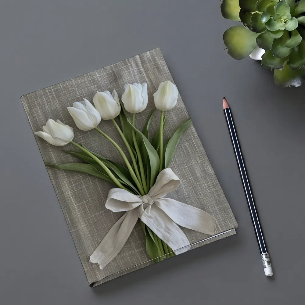White Tulips Bouquet Tied With Linen Ribbon – Notebooks