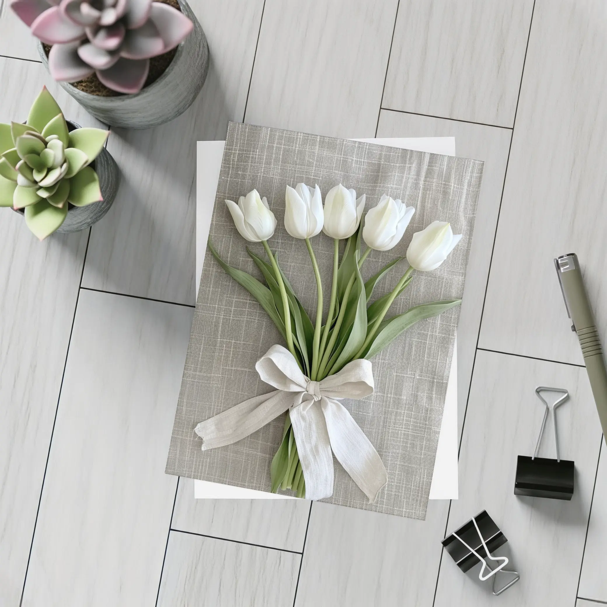 White Tulips Bouquet Tied With Linen Ribbon – Postcards