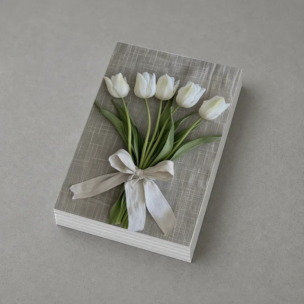White Tulips Bouquet Tied With Linen Ribbon – Postcards