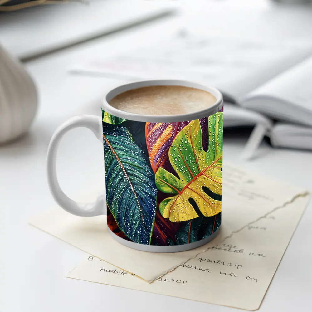 Tropical Monstera Leaves With Dew Drops – Mugs