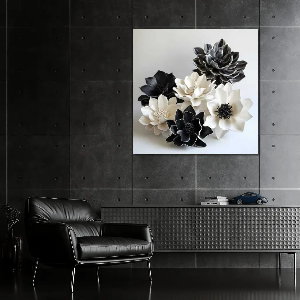 Black White Ceramic Dahlia Flowers Sculptural Art – Wall Art