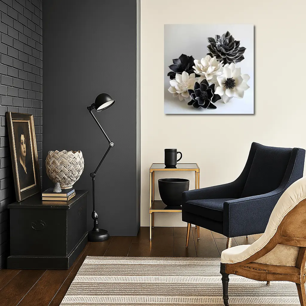 Black White Ceramic Dahlia Flowers Sculptural Art – Wall Art