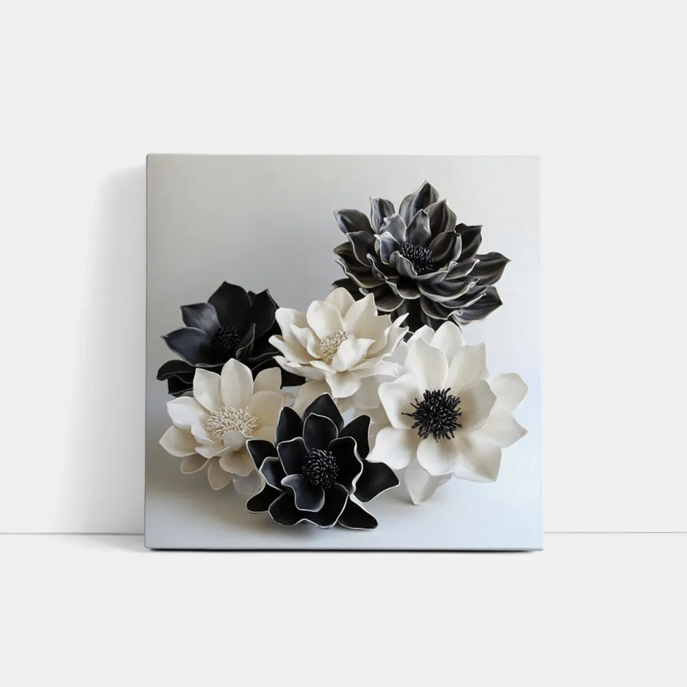 Black White Ceramic Dahlia Flowers Sculptural Art – Wall Art