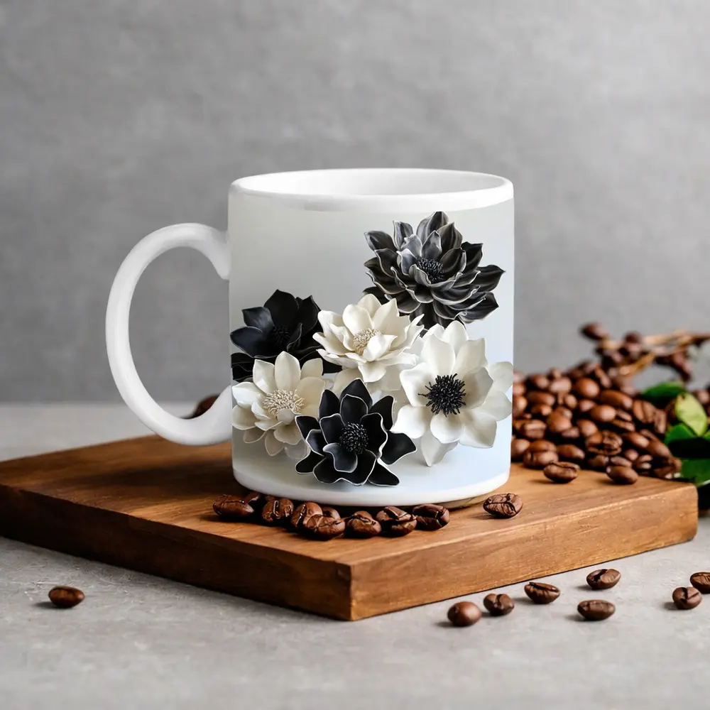Black White Ceramic Dahlia Flowers Sculptural Art – Mugs