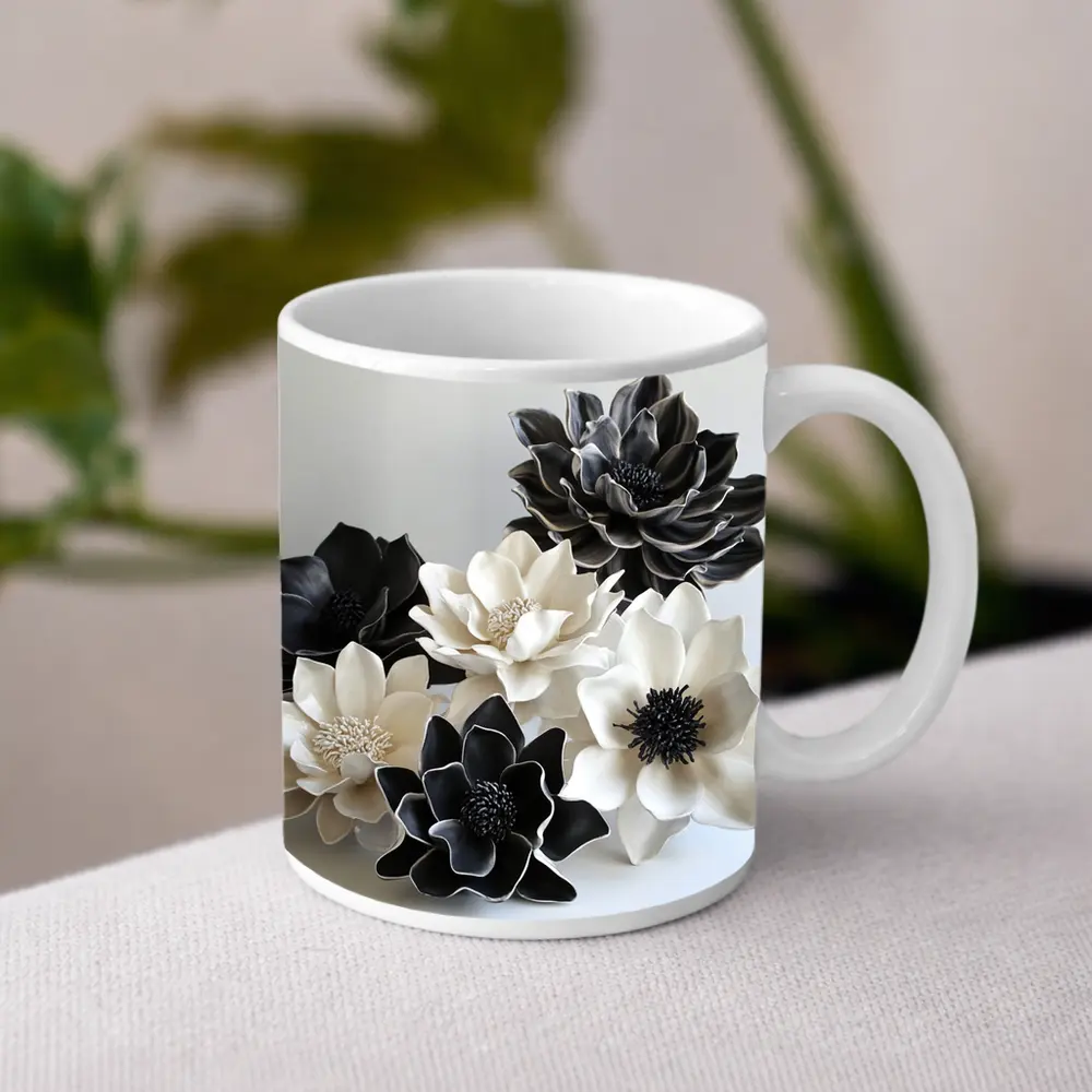 Black White Ceramic Dahlia Flowers Sculptural Art – Mugs