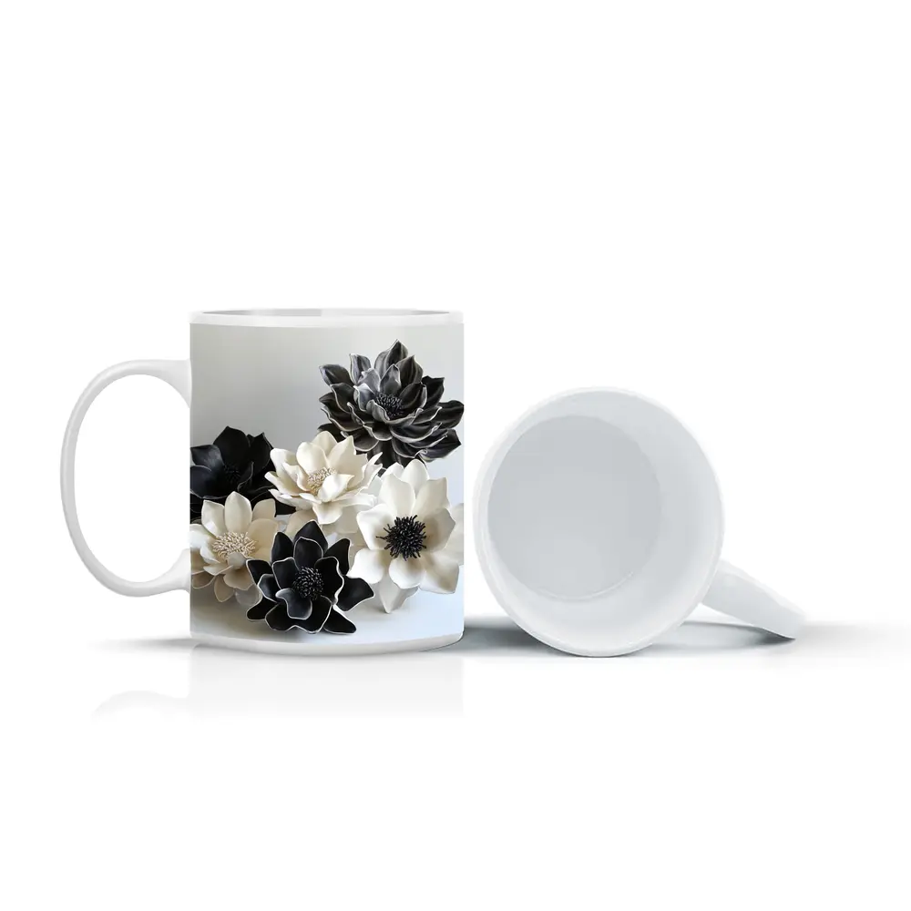 Black White Ceramic Dahlia Flowers Sculptural Art – Mugs