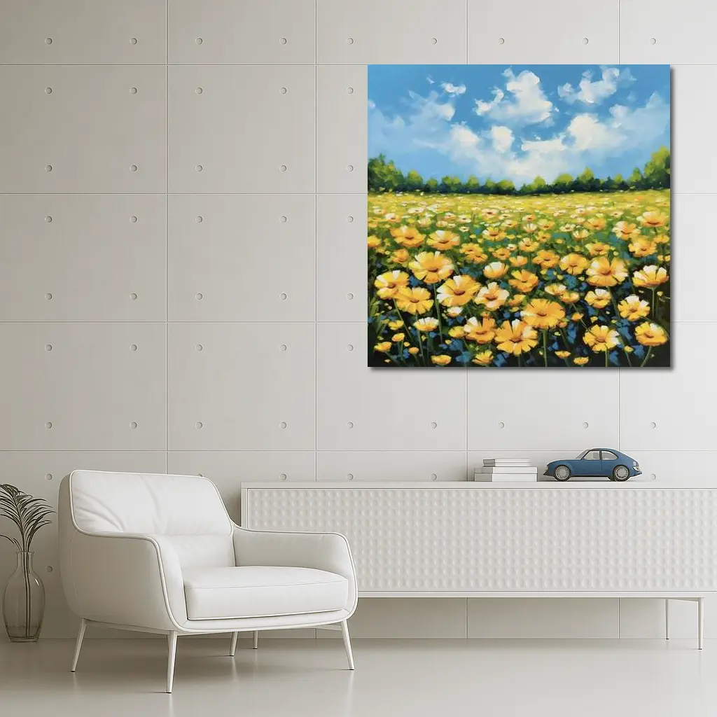 Yellow Daisy Field Blue Sky Painting – Wall Art