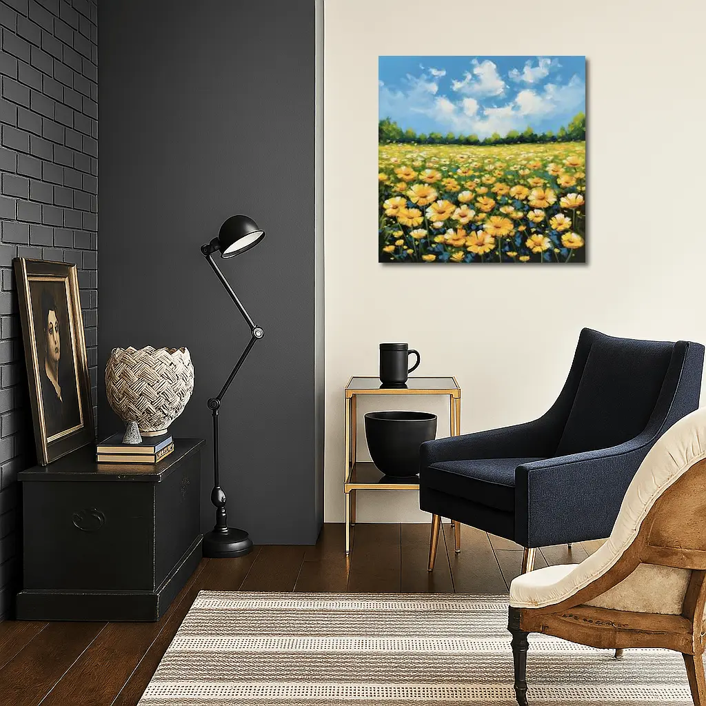 Yellow Daisy Field Blue Sky Painting – Wall Art