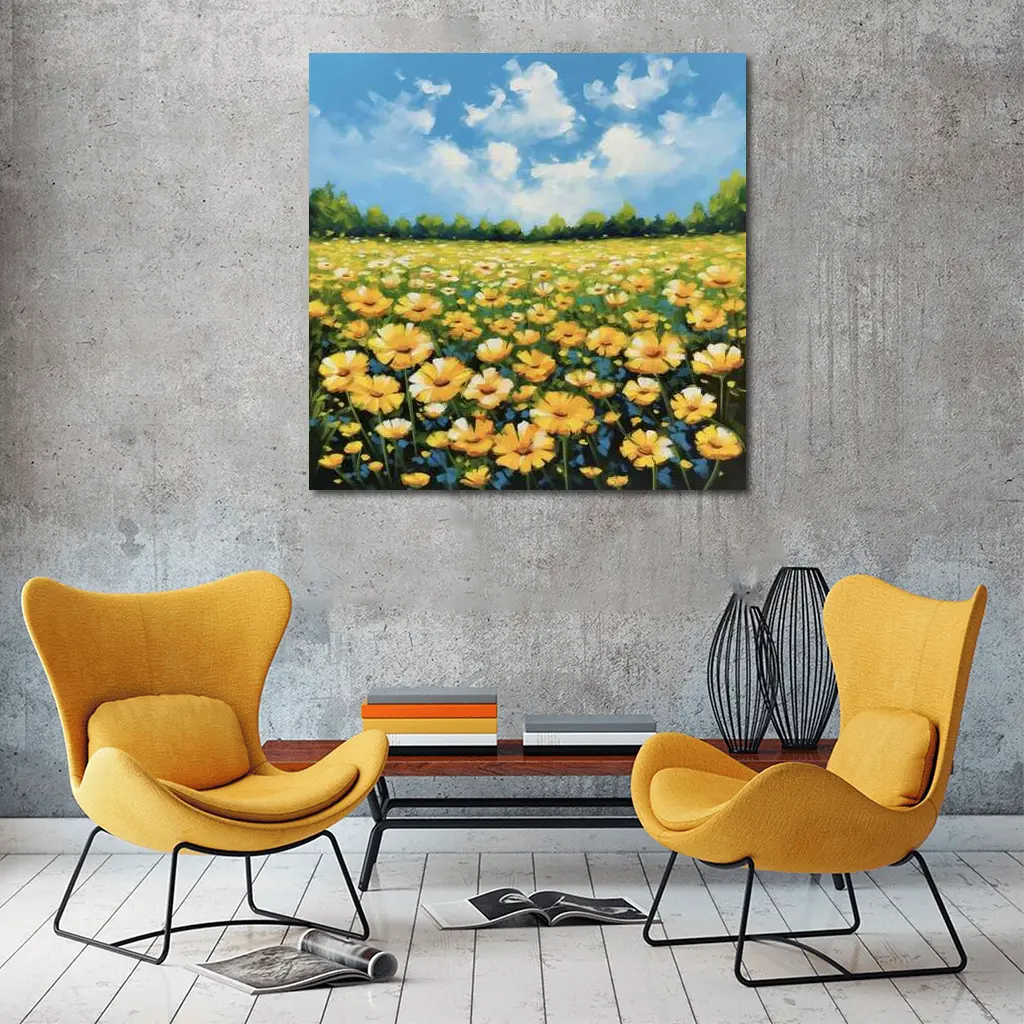 Yellow Daisy Field Blue Sky Painting – Wall Art