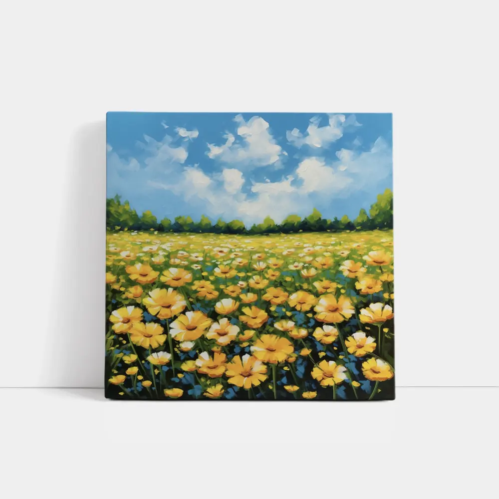 Yellow Daisy Field Blue Sky Painting – Wall Art