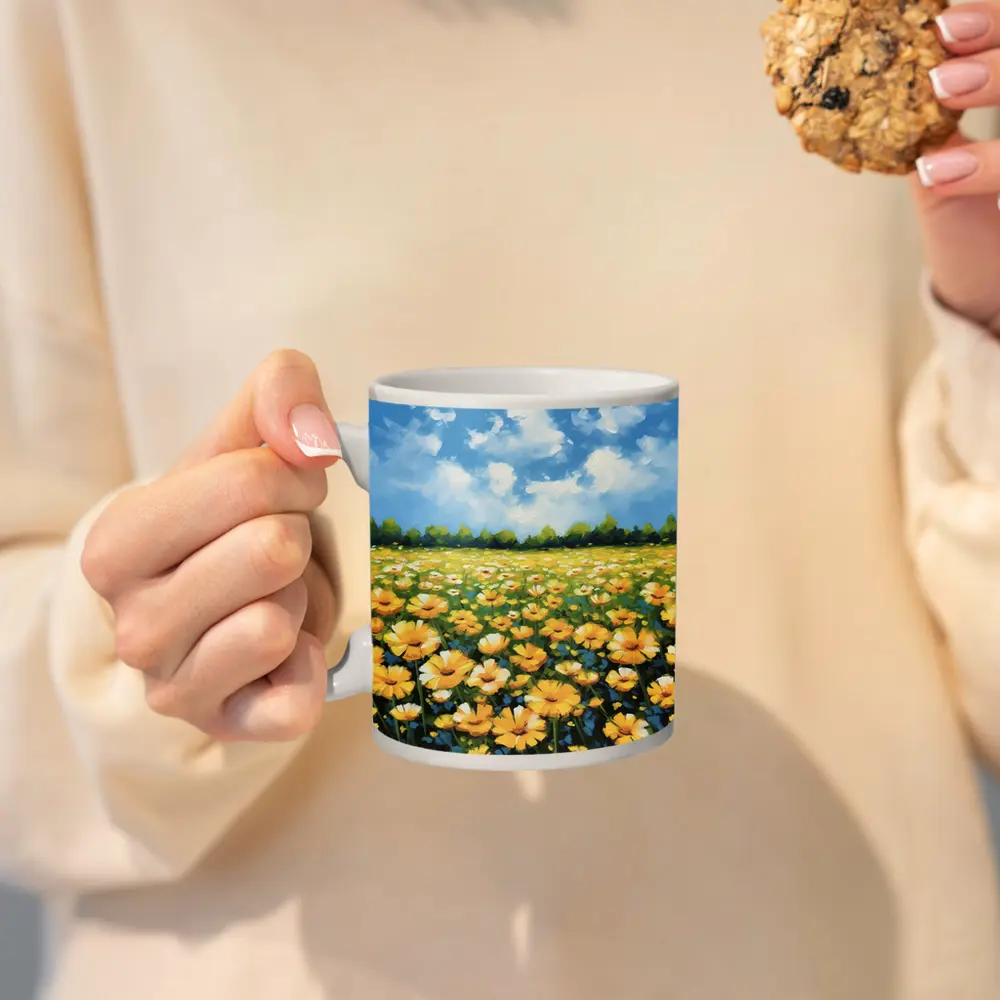 Yellow Daisy Field Blue Sky Painting – Mugs