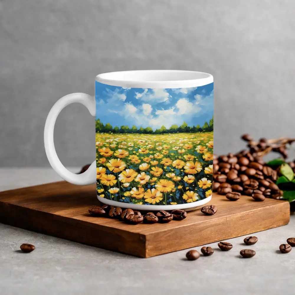 Yellow Daisy Field Blue Sky Painting – Mugs