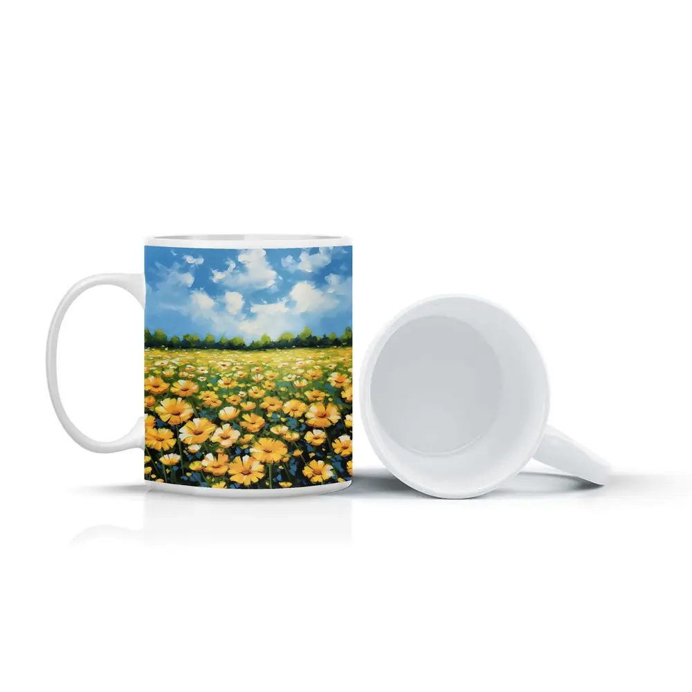 Yellow Daisy Field Blue Sky Painting – Mugs