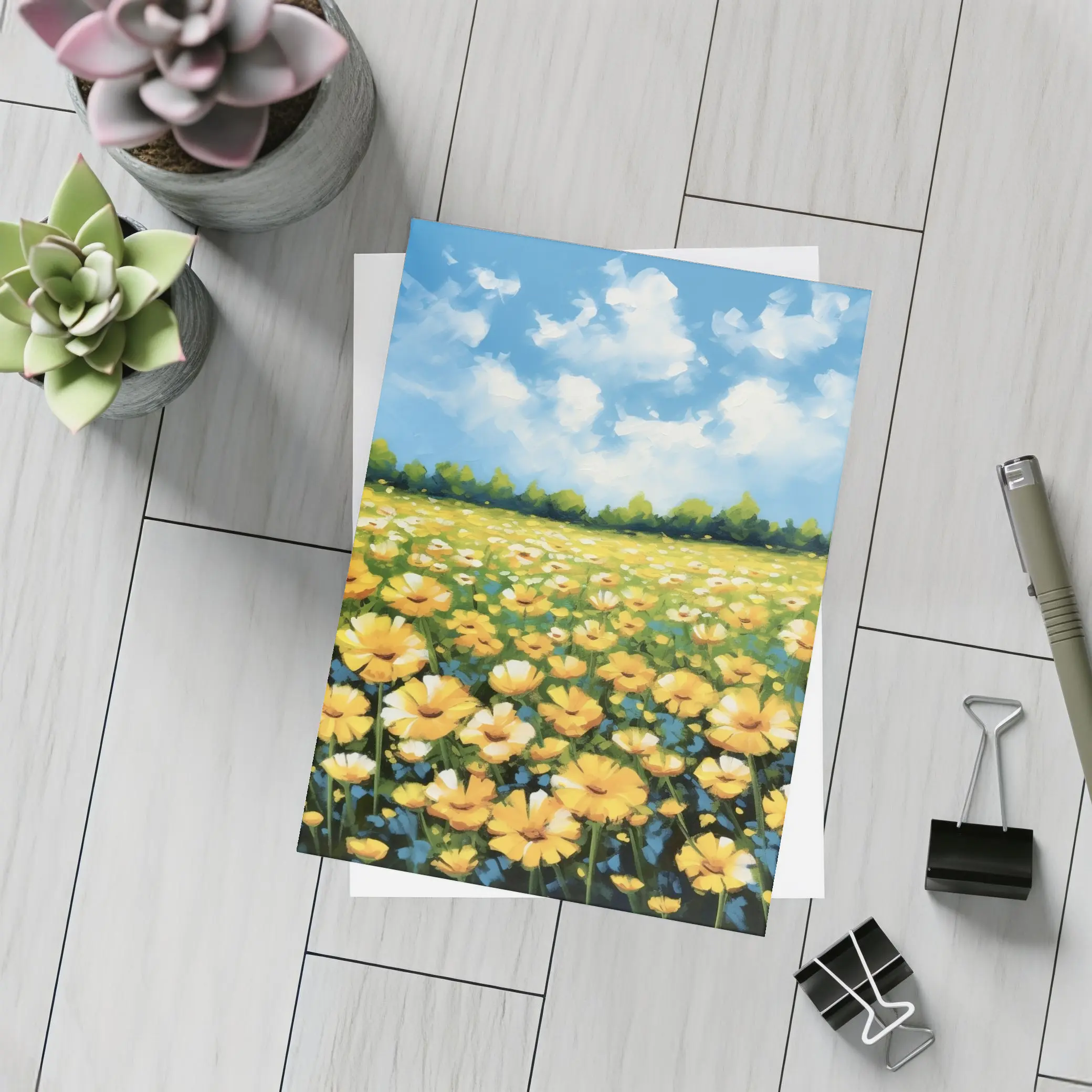 Yellow Daisy Field Blue Sky Painting – Postcards