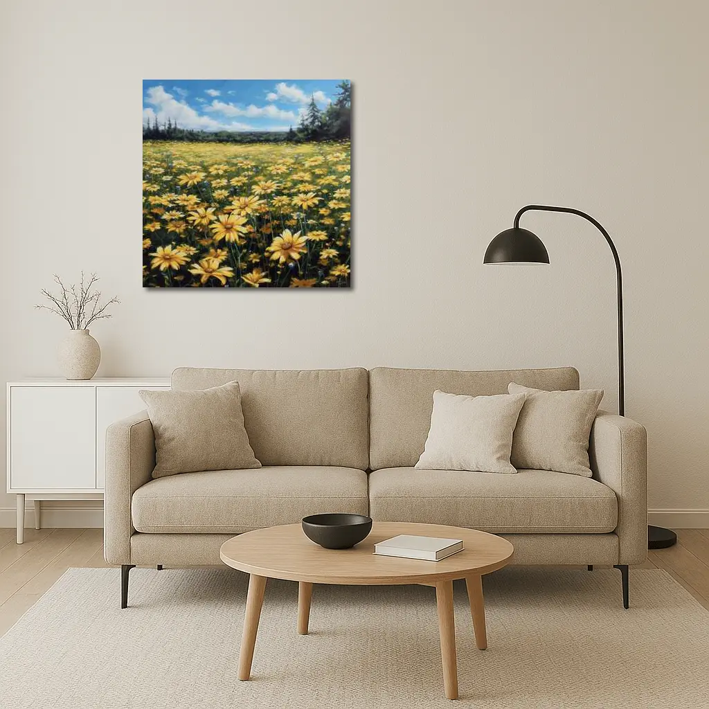 Yellow Daisy Field Blue Sky Painting – Wall Art