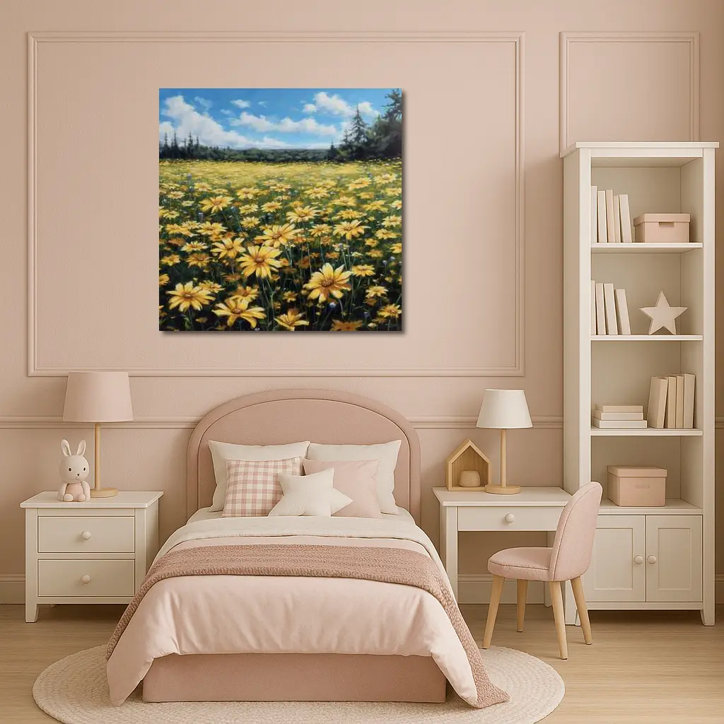 Yellow Daisy Field Blue Sky Painting – Wall Art