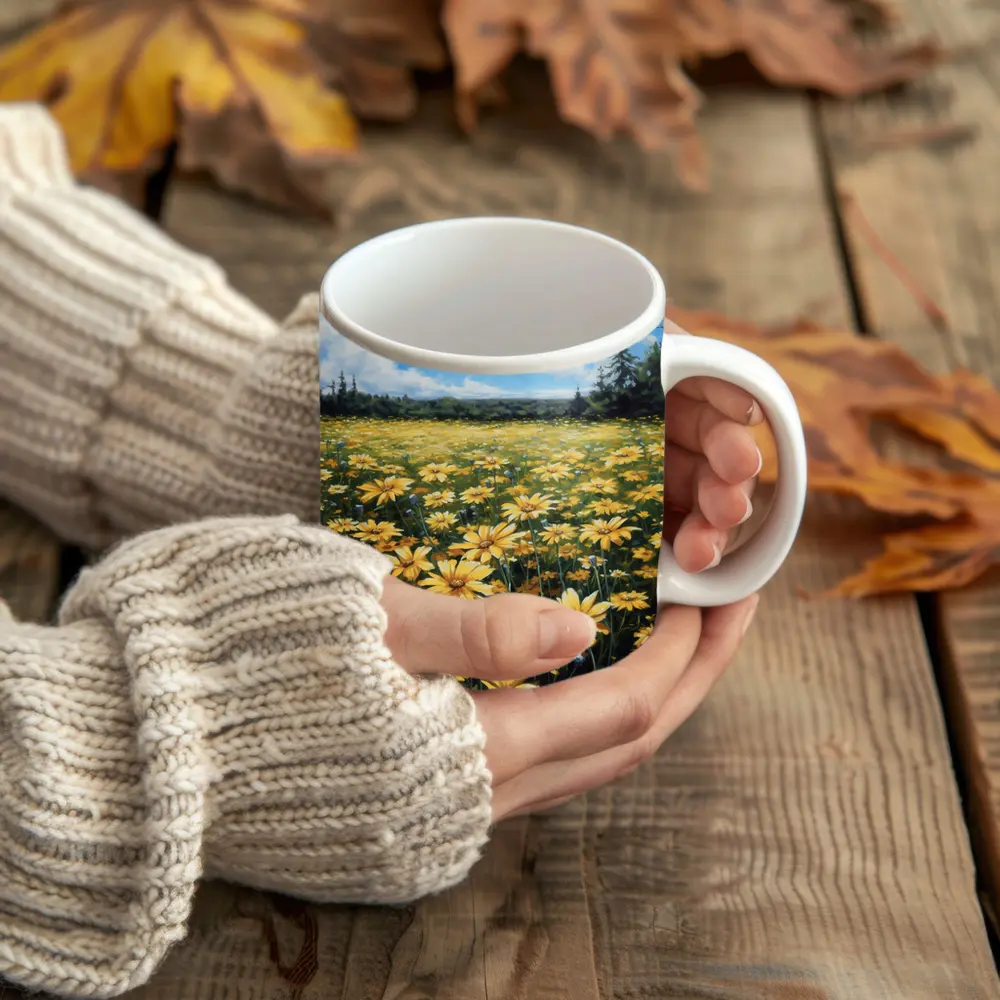 Yellow Daisy Field Blue Sky Painting – Mugs