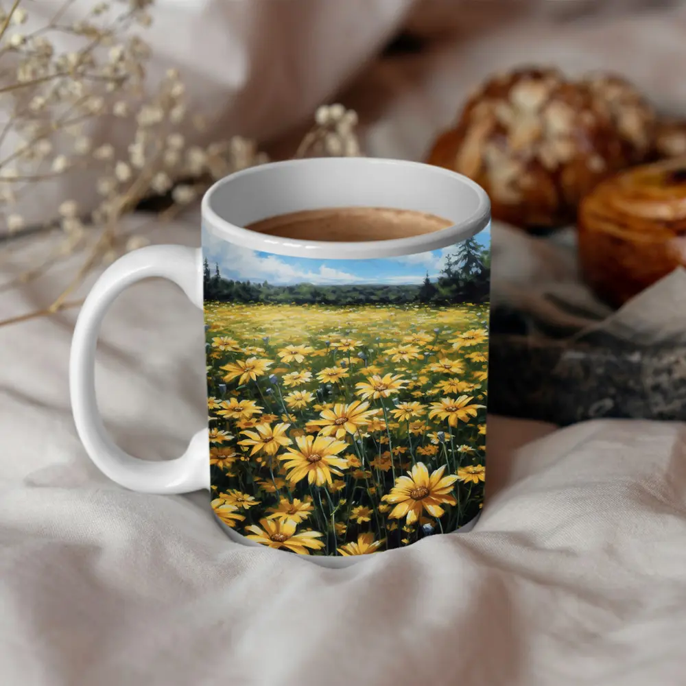 Yellow Daisy Field Blue Sky Painting – Mugs