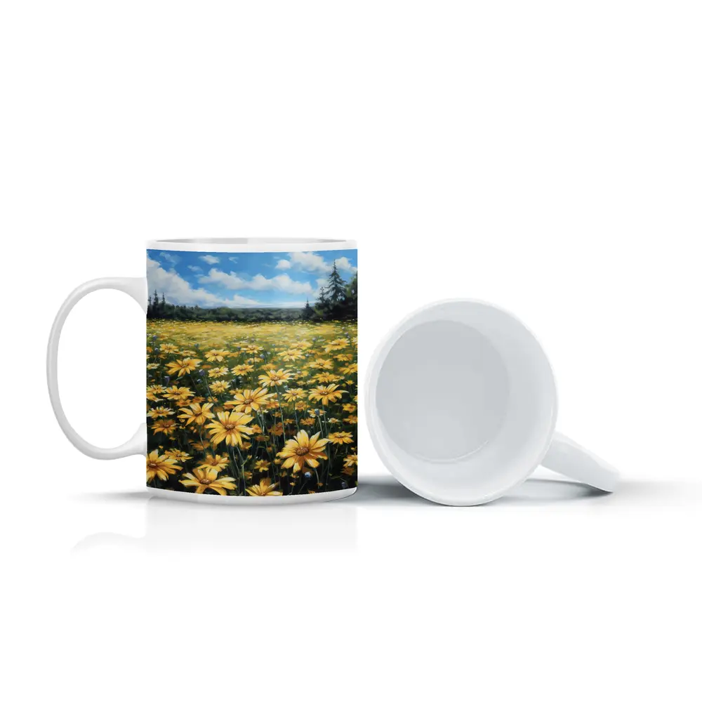 Yellow Daisy Field Blue Sky Painting – Mugs