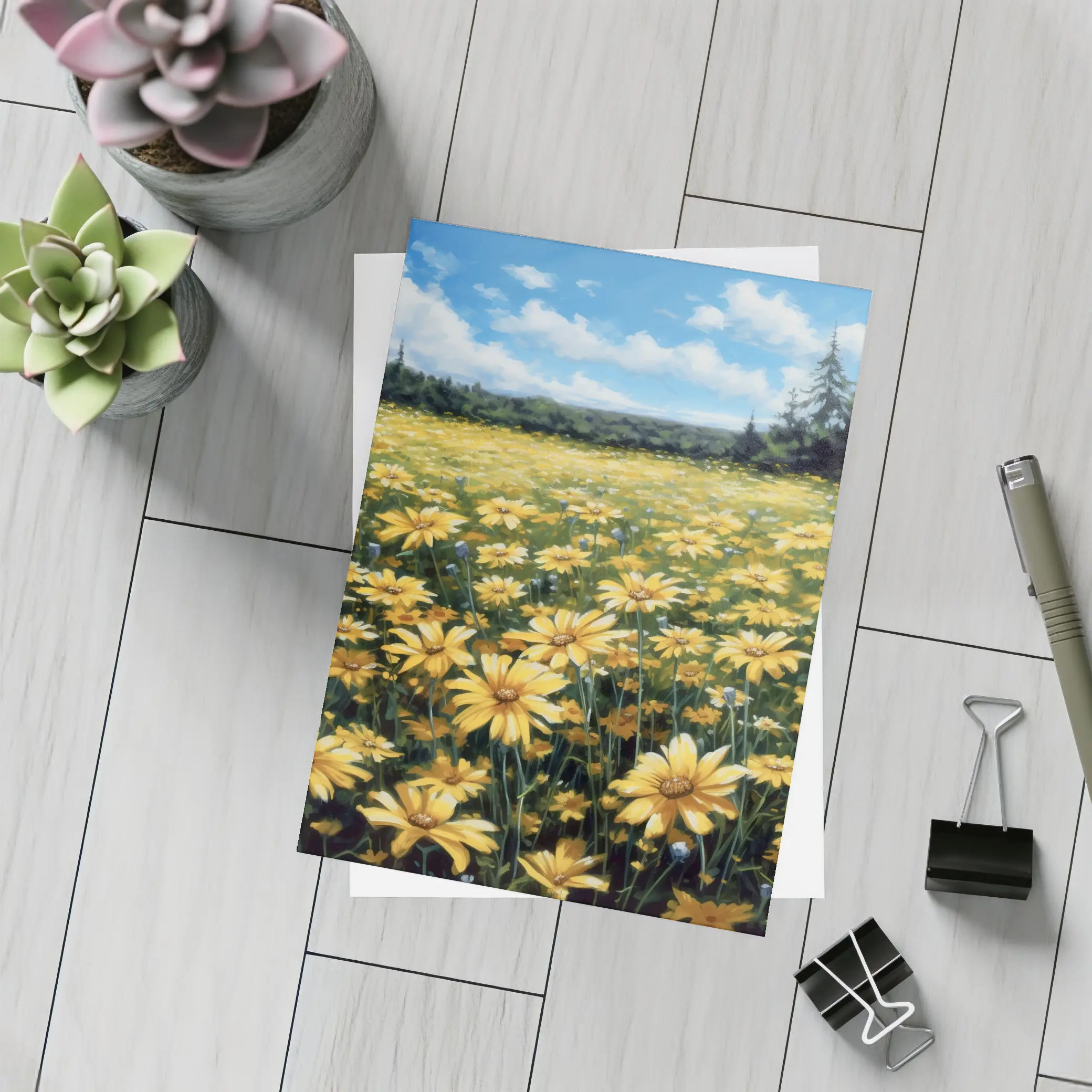 Yellow Daisy Field Blue Sky Painting – Postcards