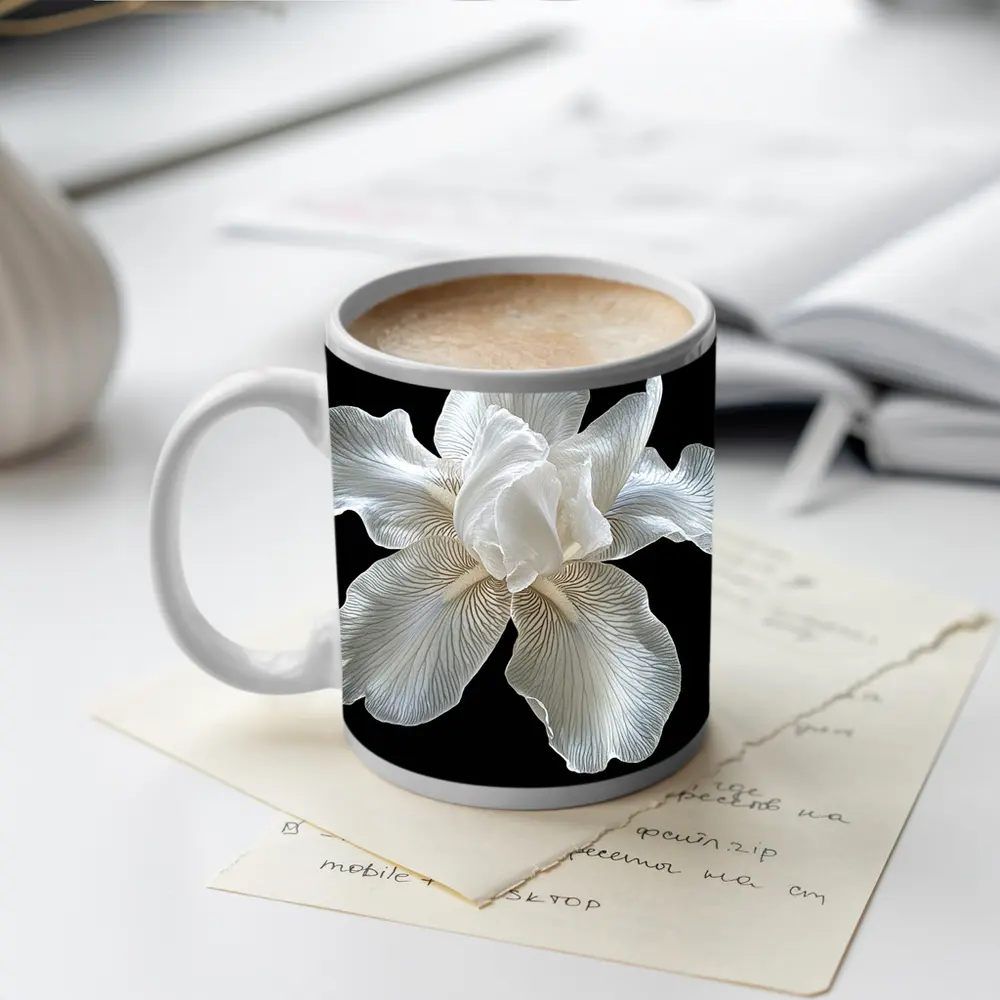 White Iris Flower On Black Background – Mugs