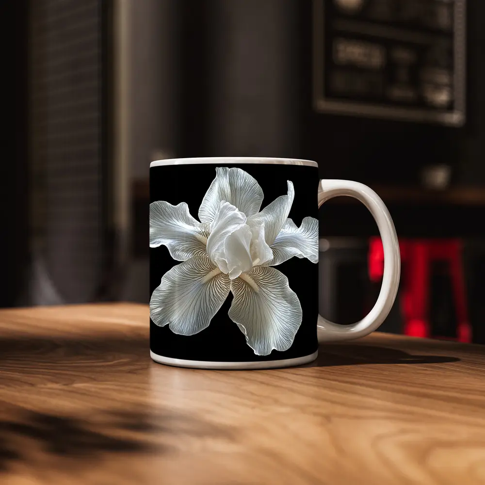 White Iris Flower On Black Background – Mugs