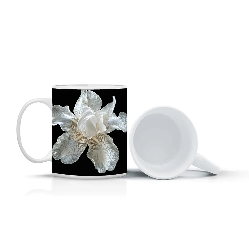 White Iris Flower On Black Background – Mugs