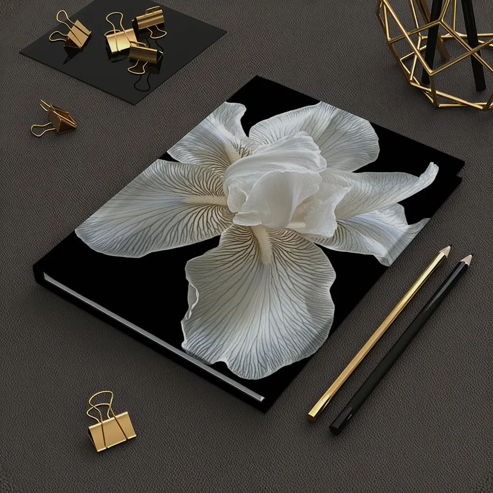 White Iris Flower On Black Background – Notebooks