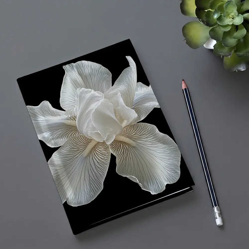 White Iris Flower On Black Background – Notebooks