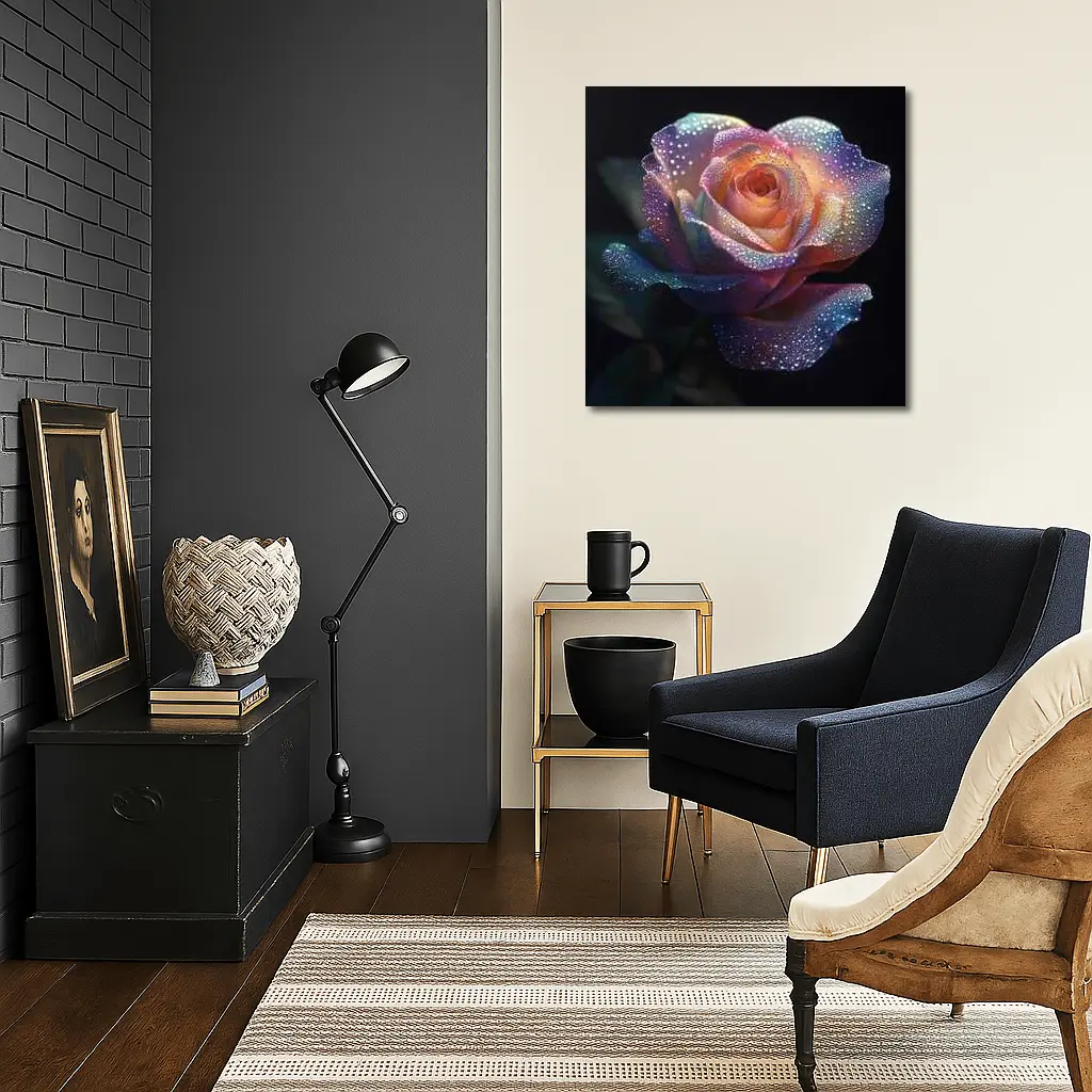 Rainbow Rose With Dewdrops Dark Background – Wall Art