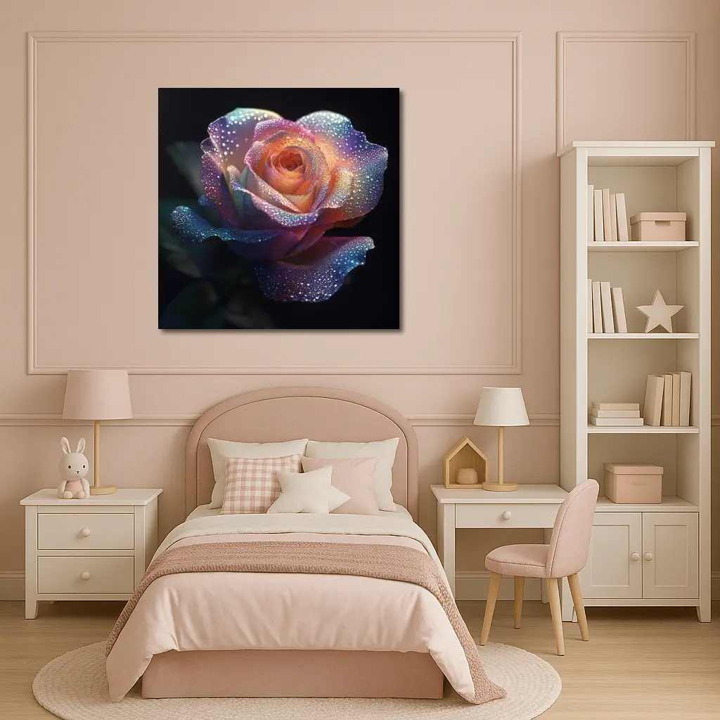 Rainbow Rose With Dewdrops Dark Background – Wall Art