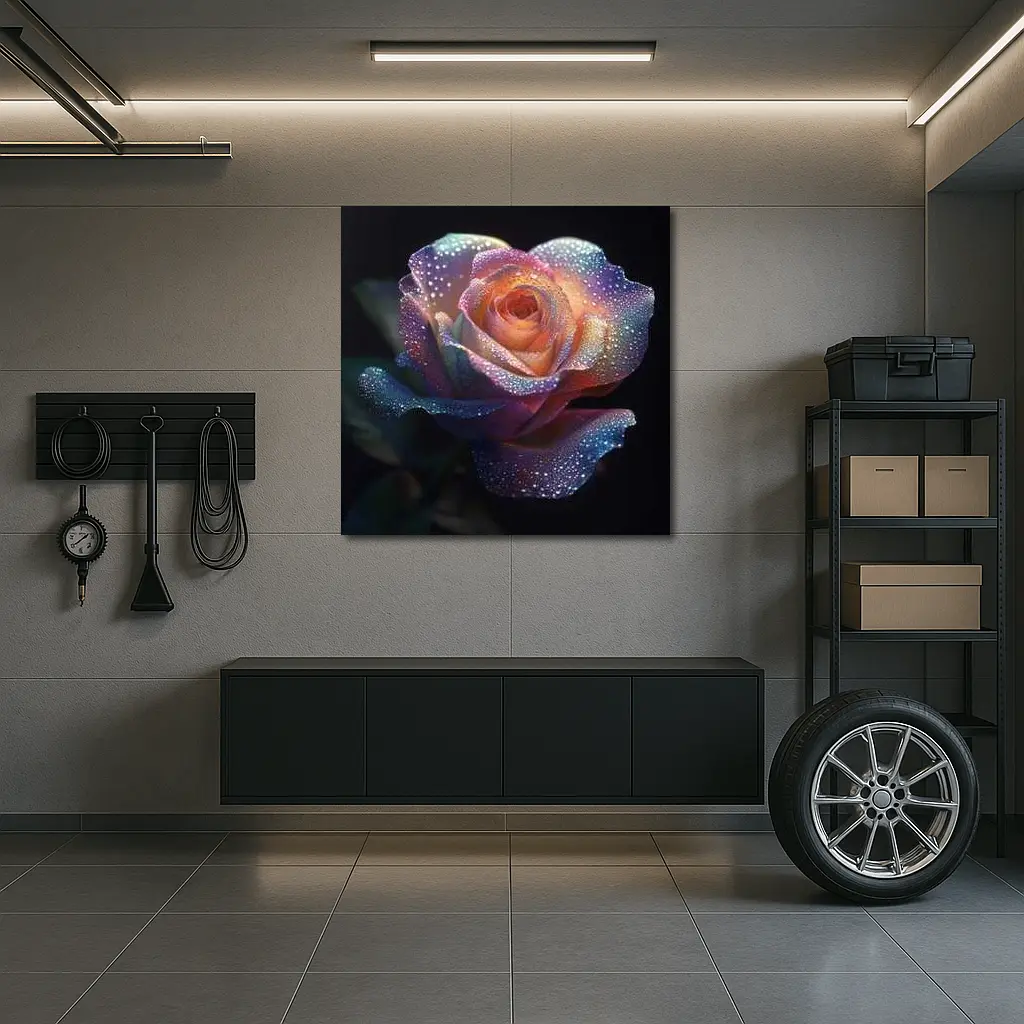 Rainbow Rose With Dewdrops Dark Background – Wall Art