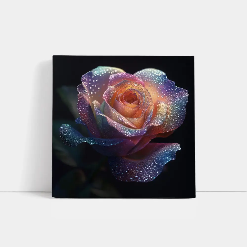 Rainbow Rose With Dewdrops Dark Background – Wall Art