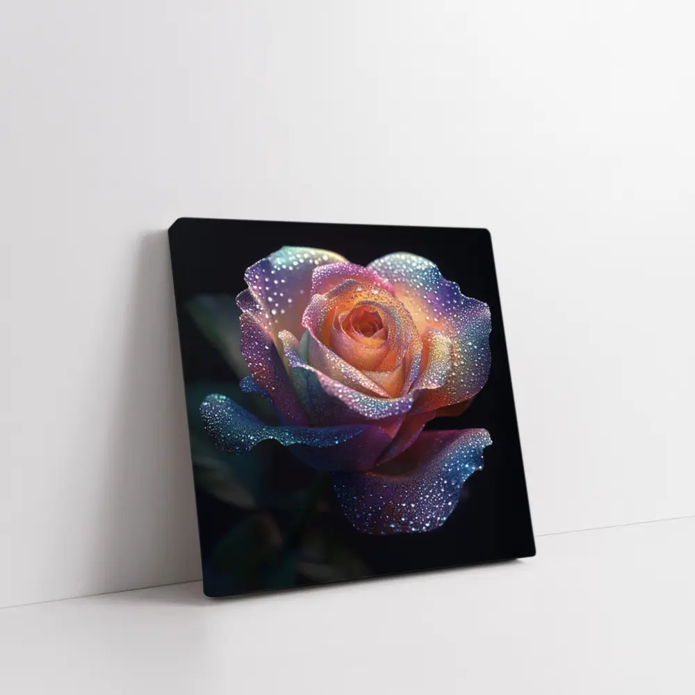 Rainbow Rose With Dewdrops Dark Background – Wall Art