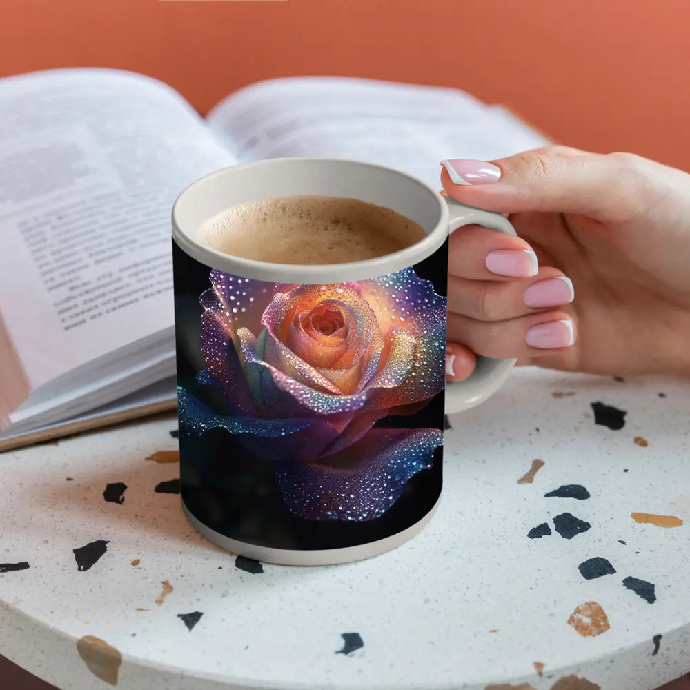 Rainbow Rose With Dewdrops Dark Background – Mugs