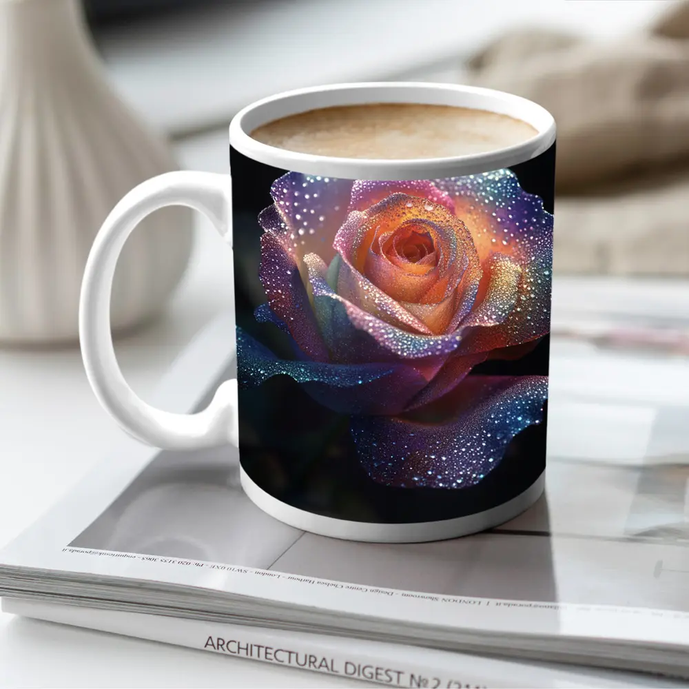 Rainbow Rose With Dewdrops Dark Background – Mugs