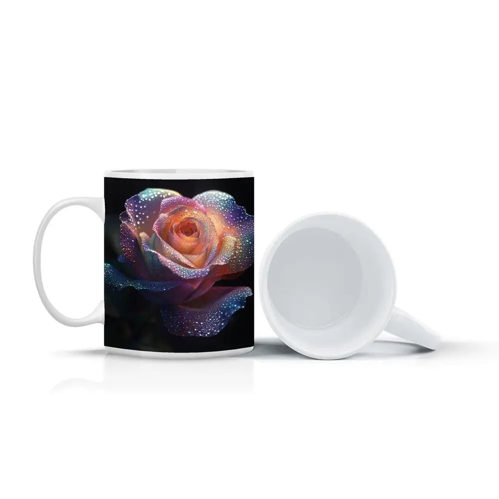 Rainbow Rose With Dewdrops Dark Background – Mugs