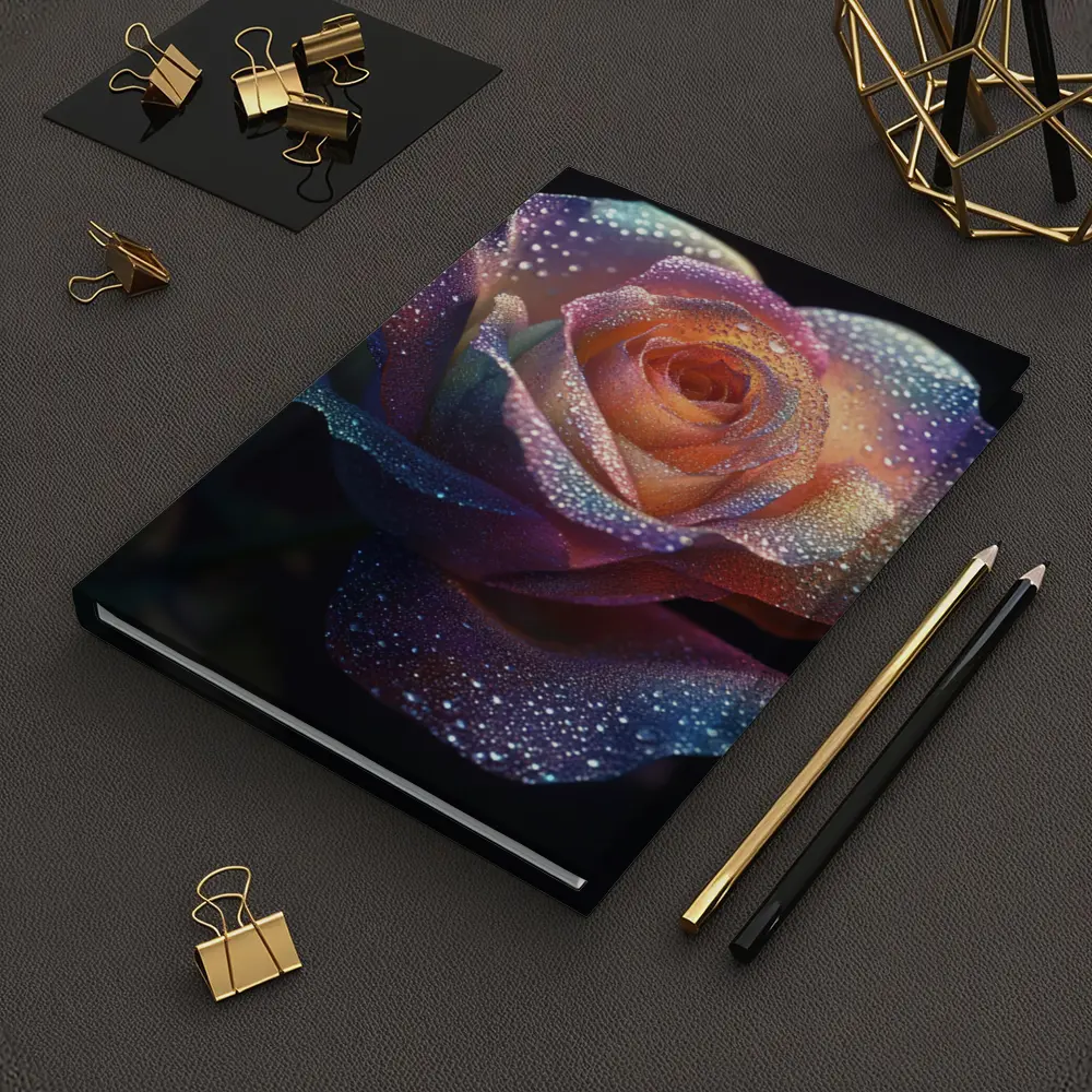 Rainbow Rose With Dewdrops Dark Background – Notebooks