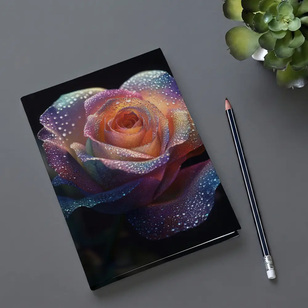 Rainbow Rose With Dewdrops Dark Background – Notebooks