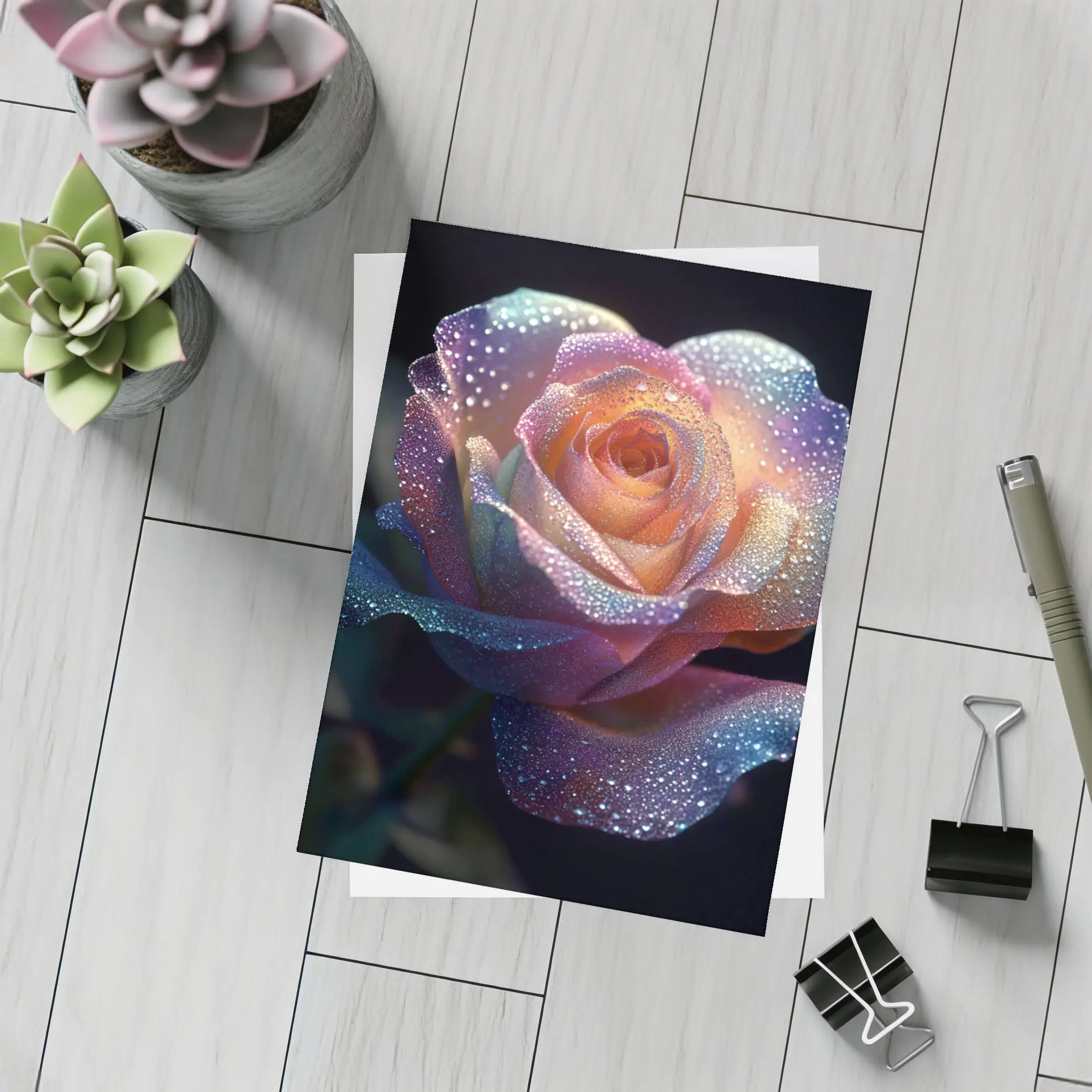 Rainbow Rose With Dewdrops Dark Background – Postcards