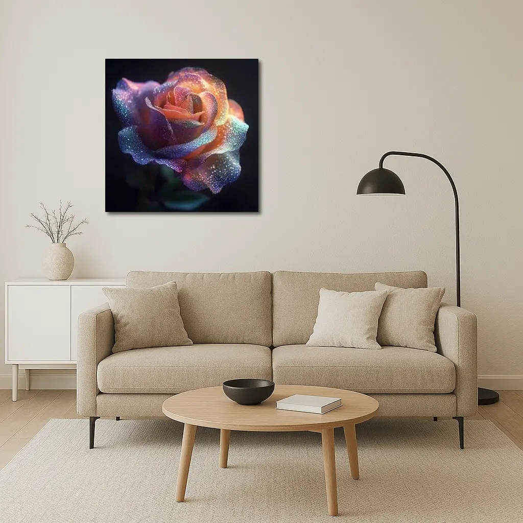 Glittery Rainbow Rose on Dark Background – Wall Art