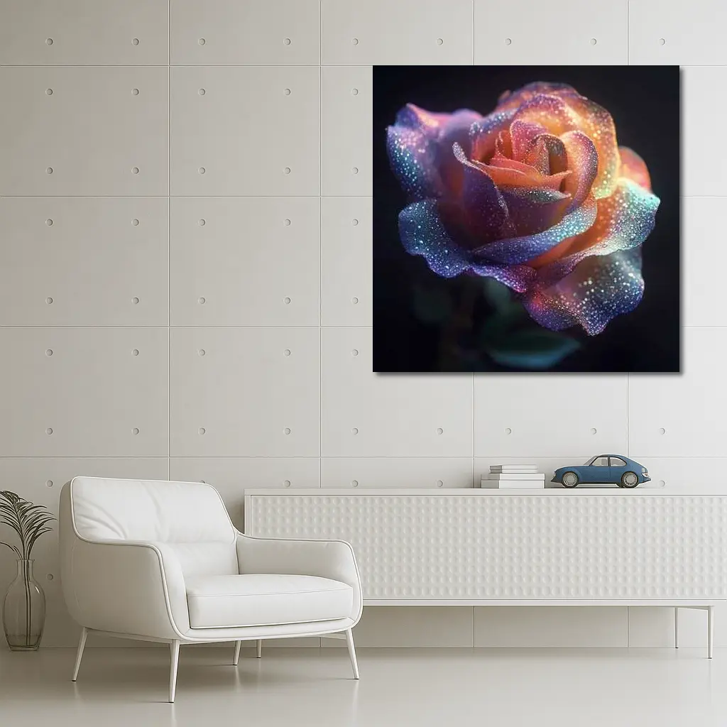 Glittery Rainbow Rose on Dark Background – Wall Art