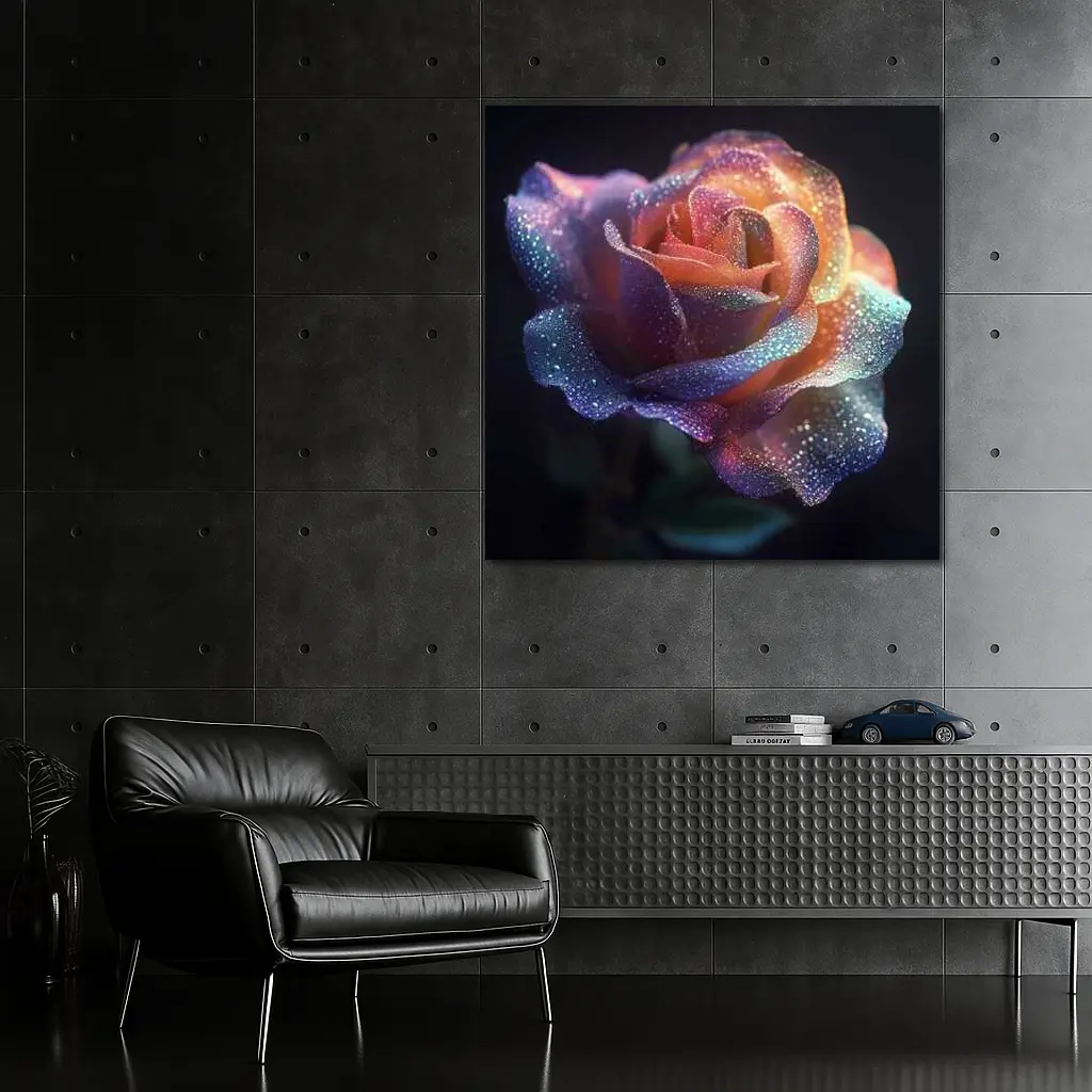 Glittery Rainbow Rose on Dark Background – Wall Art
