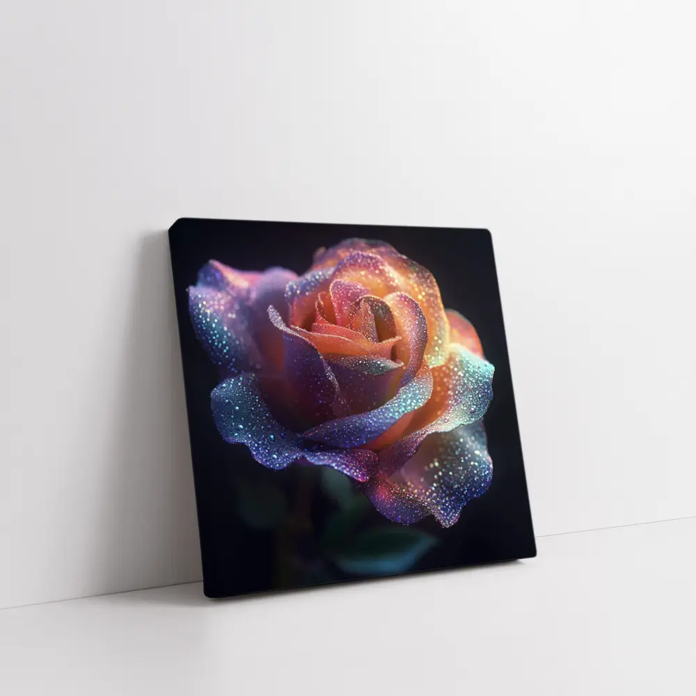 Glittery Rainbow Rose on Dark Background – Wall Art