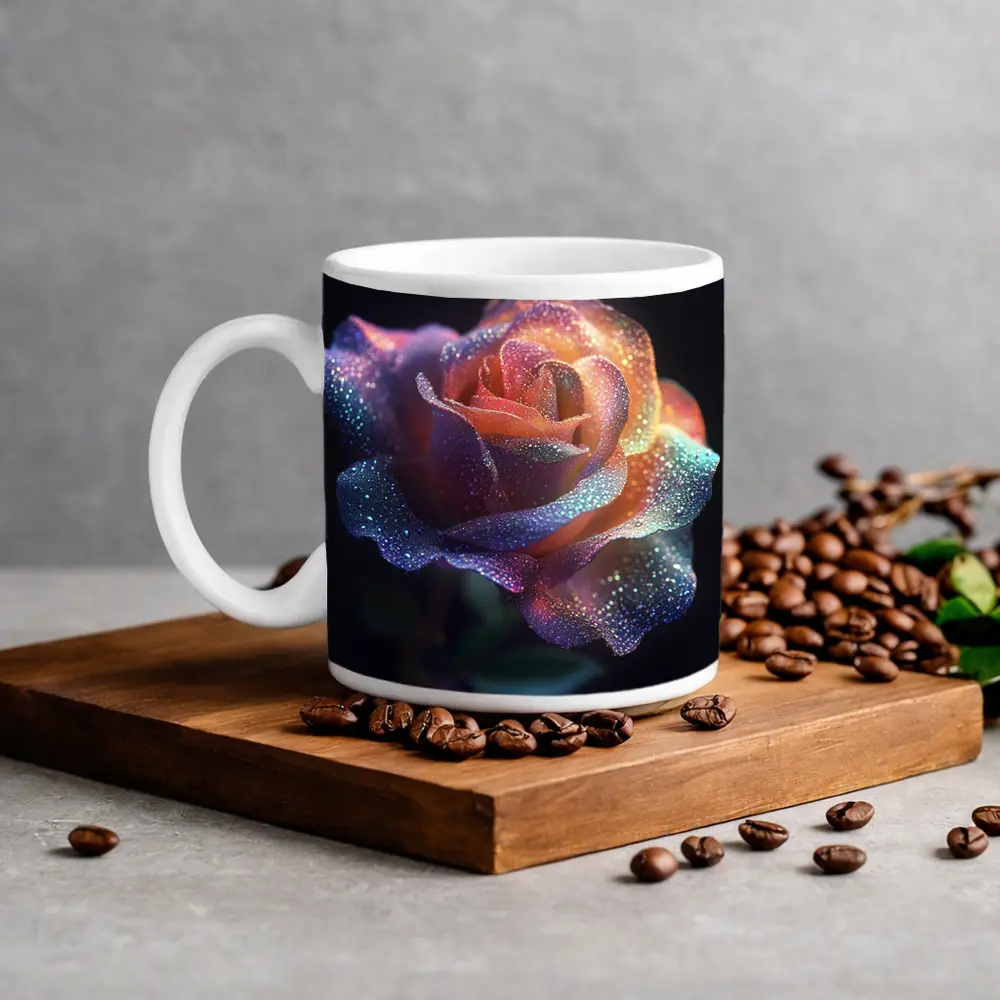 Glittery Rainbow Rose on Dark Background – Mugs